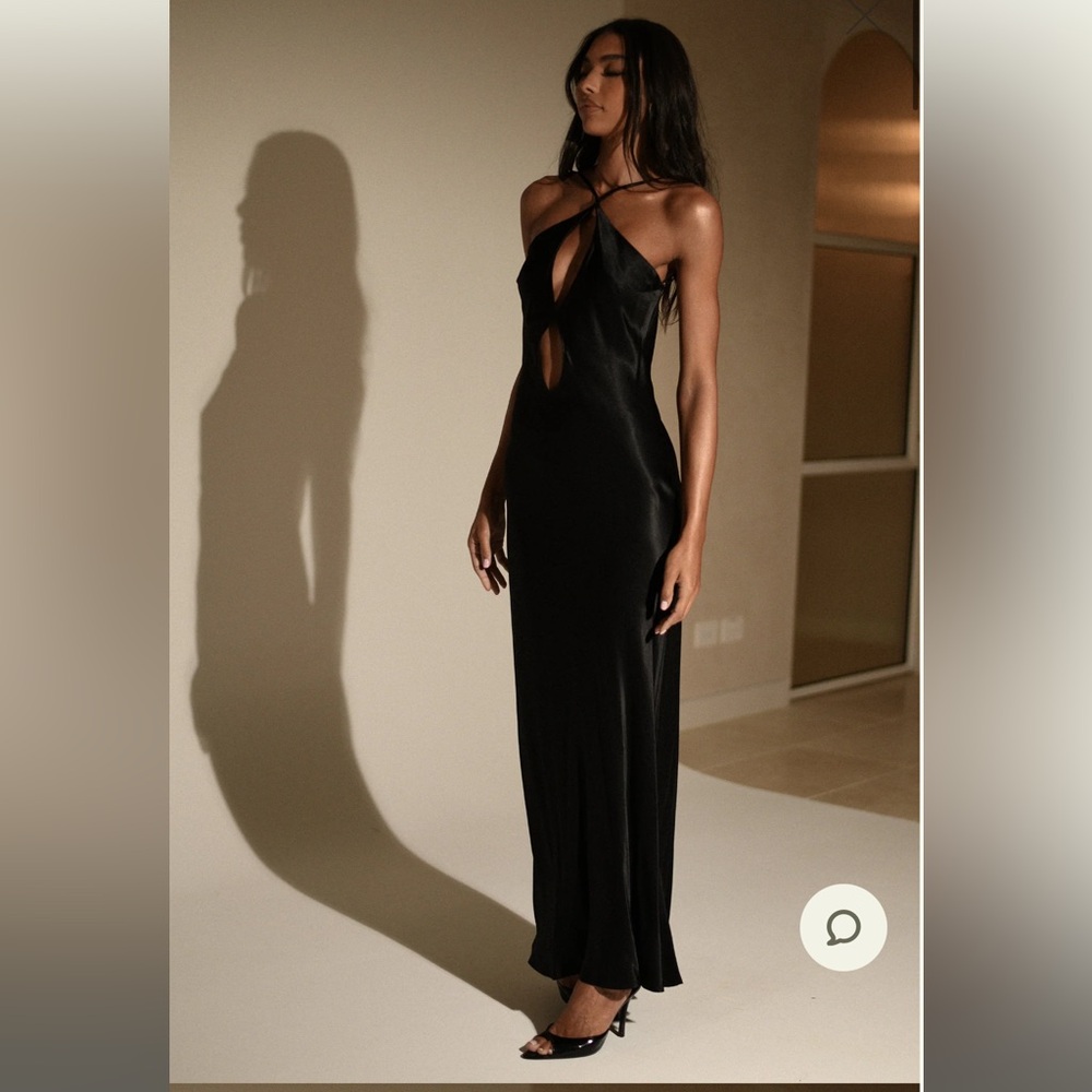 Meshki Black satin keyhole gown